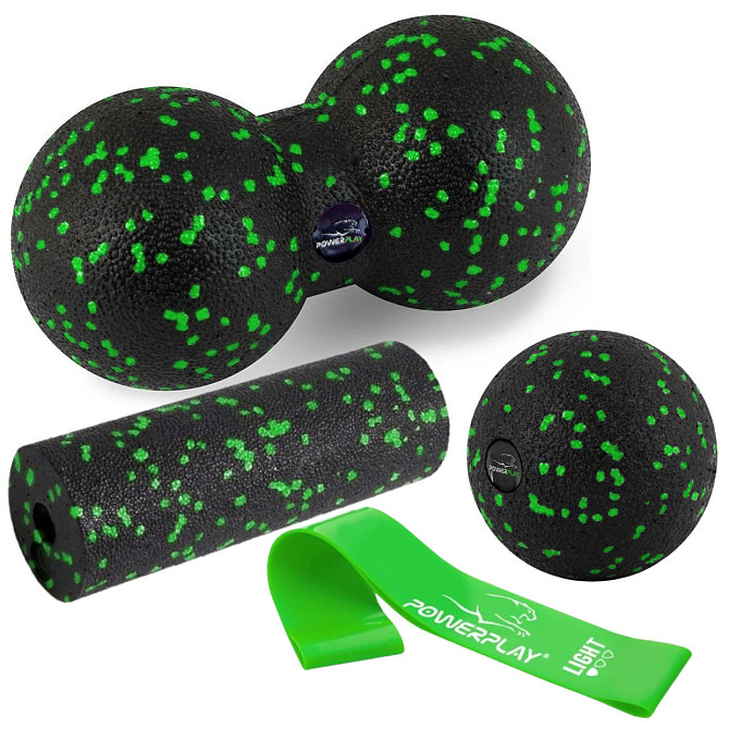 Набір для масажу та йоги PowerPlay PP_4091 EPP (2 м'ячики + валик масажер 15*5,3 см.) Green + резинк Кам'янське - фото 1