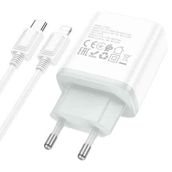 Мережевий зарядний пристрій з кабелем HOCO C104A Stage single port PD20W charger set (C to iP)(EU) White Одеса