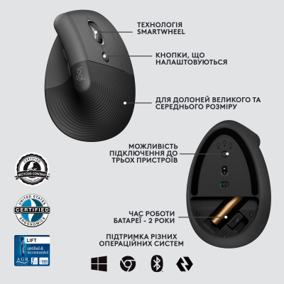 Мышка Logitech Lift Vertical Ergonomic Wireless/Bluetooth for Business Graphite (910-006494) Винница - изображение 8
