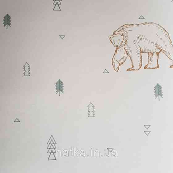 Шпалери флізелінові дитячі Caselio Our Planet тварини ведмеді, олені коричневі дерева сірі на білому Київ