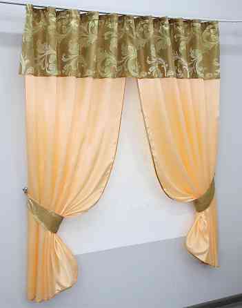 Кухонные шторы VR-Textil № 073к с ламбрекеном и подхватами персиковый с золотистым 270х170 см (52-0194) Киев