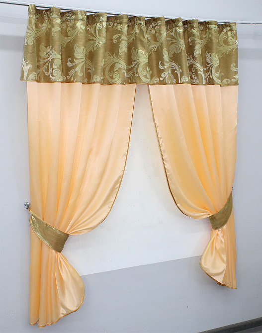 Кухонные шторы VR-Textil № 073к с ламбрекеном и подхватами персиковый с золотистым 270х170 см (52-0194) Киев - изображение 2