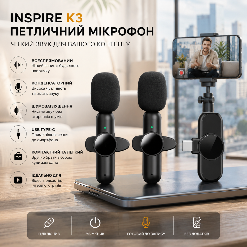 Петличний мікрофон INSPIRE K3 USB Type-C (Ins-K3-C-2), конденсаторний, всеспрямований, для смартфона, відео, подкастів Київ - фото 5