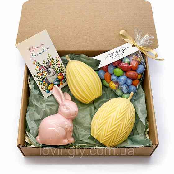 Великодній подарунковий набір свічок-яєць – 2 шт. ручної роботи, керамічний зайчик, солодощі Ірпінь