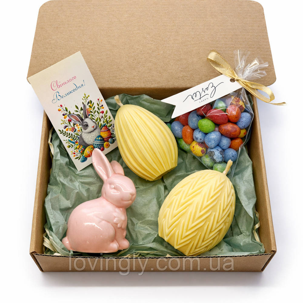 Великодній подарунковий набір свічок-яєць – 2 шт. ручної роботи, керамічний зайчик, солодощі Ірпінь - фото 3