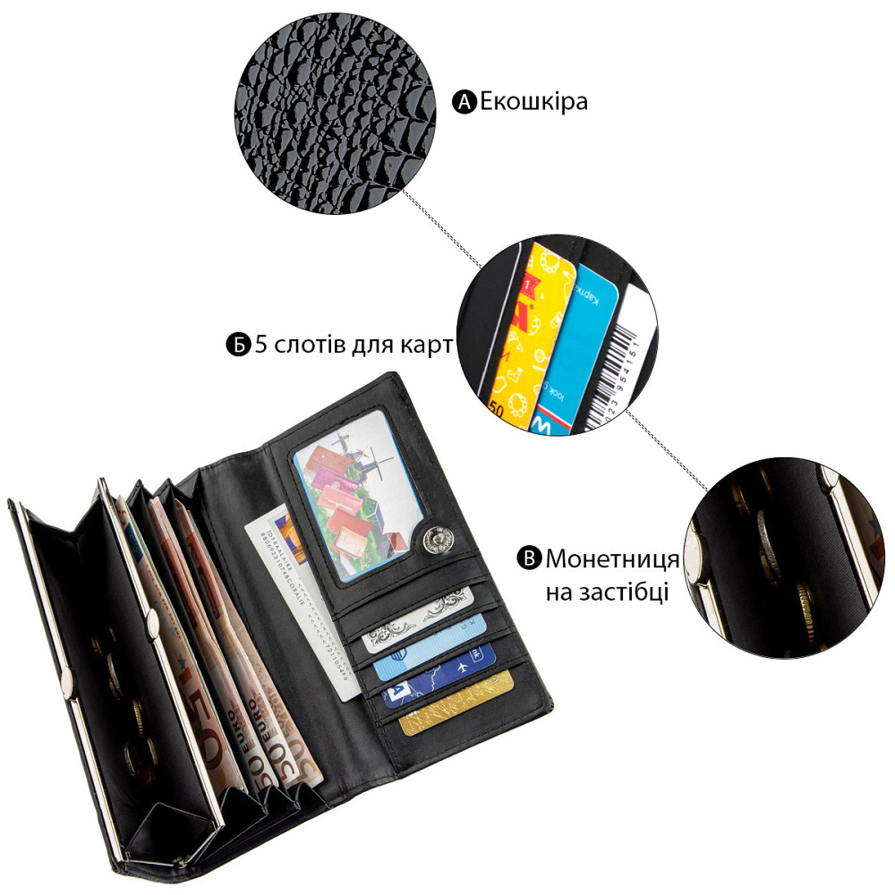 Гаманець жіночий з екокожі лаковий KIVI 19012 Чорний Київ - фото 5