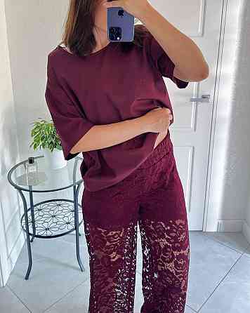 Женский романтичный и одновременно стильный костюм двойка: футболка и штаны софт + турецкий гипюр 42/46, Марсал Одесса