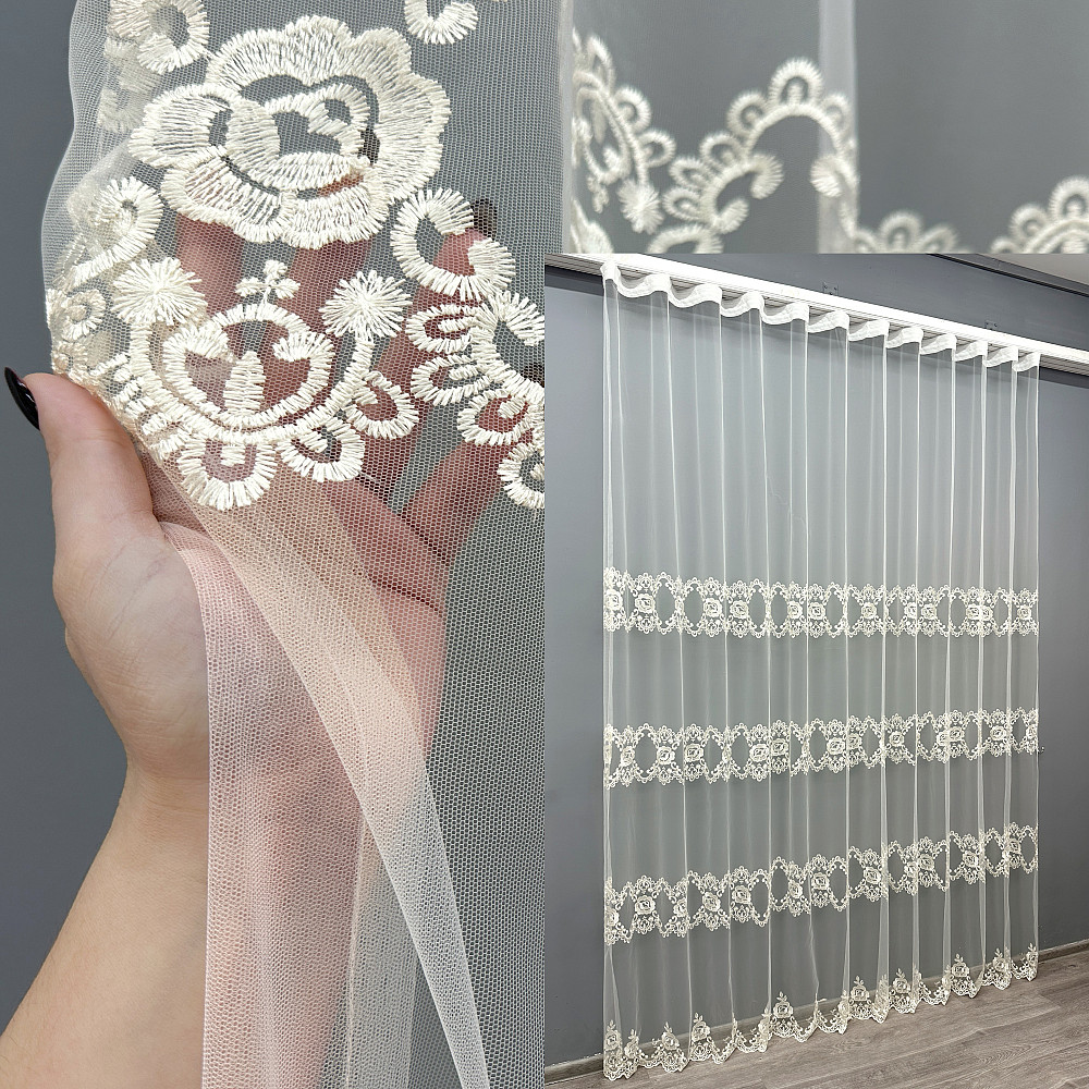 Тюль VR-Textil 1849т Фатин с вышивкой Кремовый 300х270 см (40-209) Киев - изображение 1