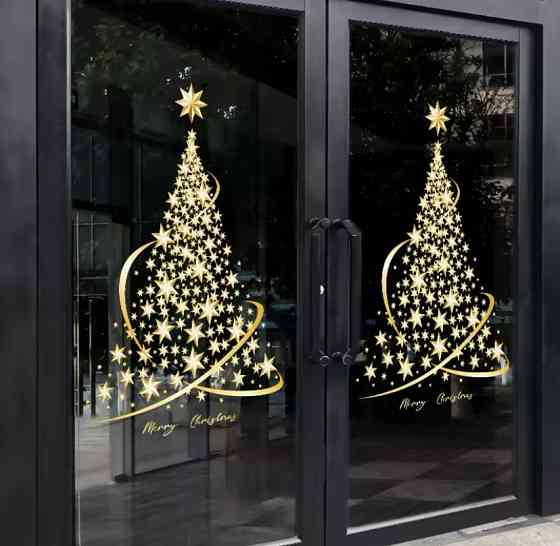 Наклейка новорічна на вікна Ялинка картина на 2-х листах розмірами 30на60см, силікон золотий Київ