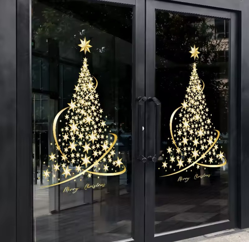 Наклейка новорічна на вікна Ялинка картина на 2-х листах розмірами 30на60см, силікон золотий Київ - фото 2