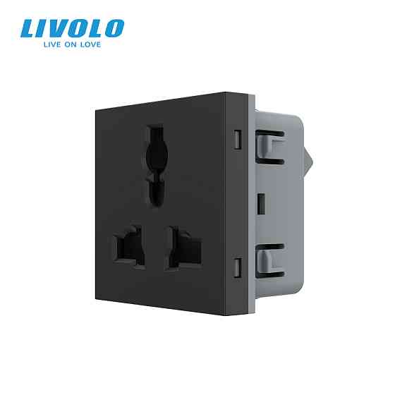 Універсальна розетка LIVOLO 12-в-1, з заземленням і шторками, чорна, 16А 250В, модуль (VL-FCT22 16A-2BP) Коломыя