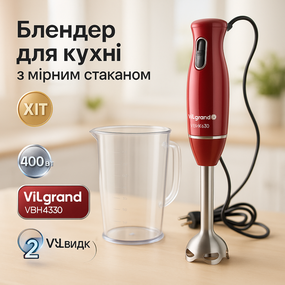 Занурювальний блендер для подрібнення продуктів вдома ViLgrand VBH4330 400 Вт, Блендер нержавіюча сталь SJ-36 Львів - фото 13
