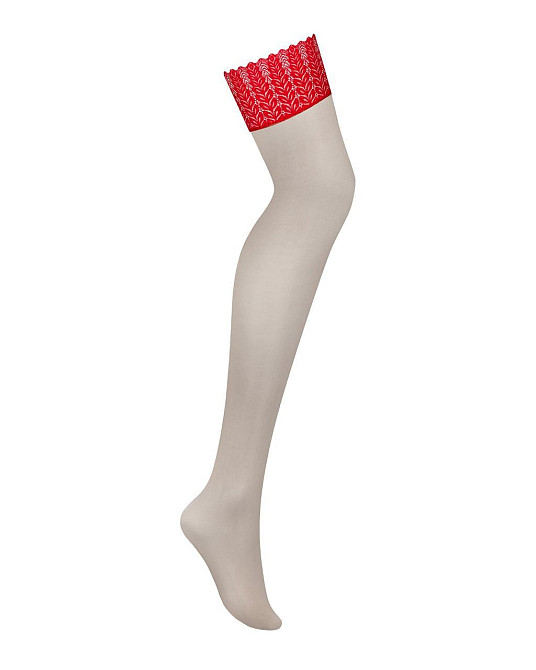 Панчохи Obsessive Ingridia stockings XL/2XL, бежеві з червоною резинкою Sex Aura Київ - фото 3