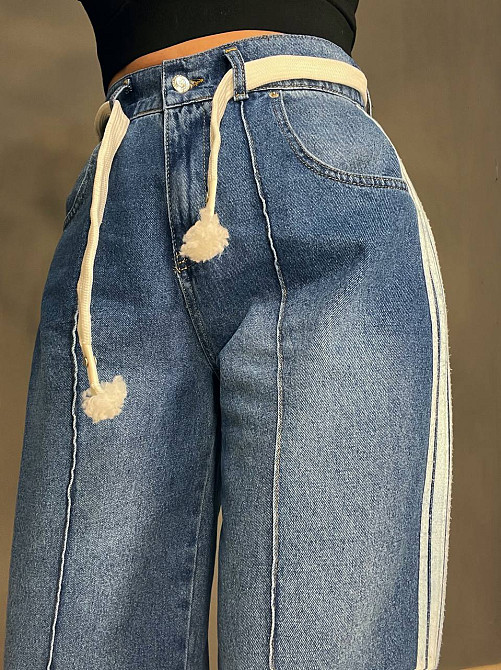 Джинсы женские Vonnavi 413-240 палаццо с лампасами пояс резинка шнурок синие, синий, 26, 26, 68 см,  Одесса - изображение 6