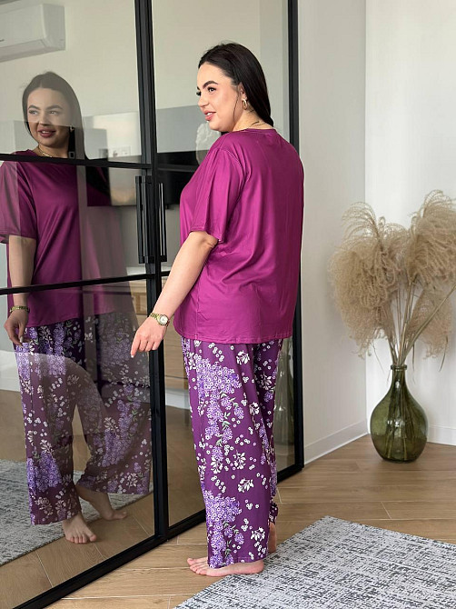 Піжама жіноча штани та футболка великого розміру PLUS SIZE з квітковим принтом домашній комплект для дому та сну фіолетова 4XL Одеса - фото 9