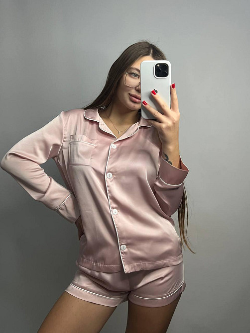 Комплект шовковий трійка сорочка з шортами і штанами Пудровий XL Харків - фото 2