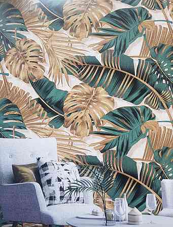 Шпалери вінілові на флізеліні гарячого тиснення DU&KA 1.06х10 листя монстери пальми золотисті зелені Київ