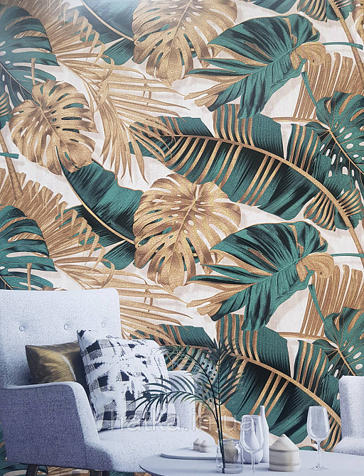 Шпалери вінілові на флізеліні гарячого тиснення DU&KA 1.06х10 листя монстери пальми золотисті зелені Київ - фото 1