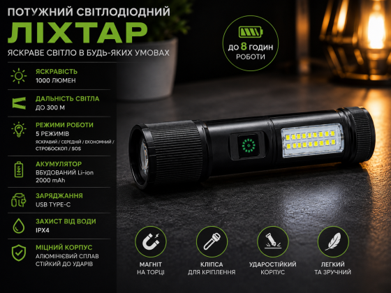 Фонарь ручной S100 аккумуляторный LED Type-C компактный мощный туристический портативный Одесса