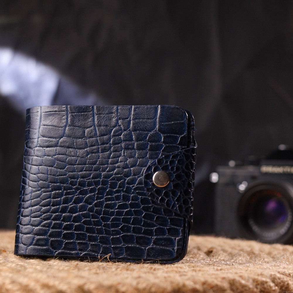 Стильне портмоне для чоловіків у два складення з натуральної фактурної шкіри з тисненням під крокодила CANPELLINI 21577 Синє Київ - фото 3