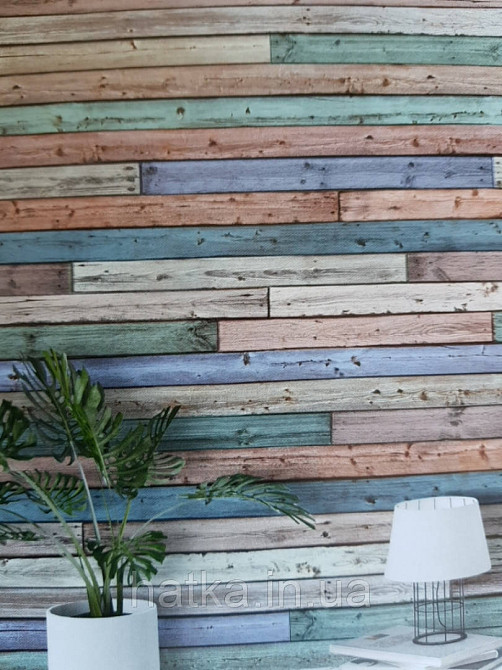 Шпалери вінілові Grandeco One roll one motif 2 A42401 панно 3д лофт під дерево дошка синій зелений коричневий Київ - фото 1