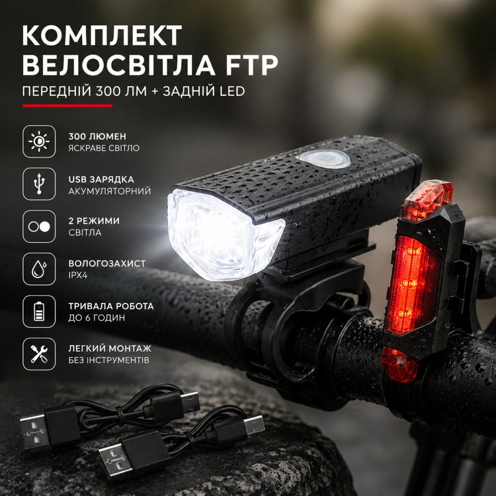 Комплект велосипедного света FTP USB, передний фонарь 300 Лм + задний LED фонарь, аккумуляторный, 2 режима, для велосипеда Киев - изображение 10