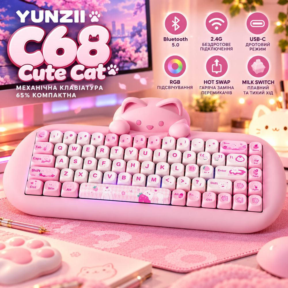 Механічна клавіатура YUNZII C68 Cute Cat 65% RGB, Bluetooth/2.4G/USB-C, Hot Swap, Milk Switch, рожева Київ - фото 1