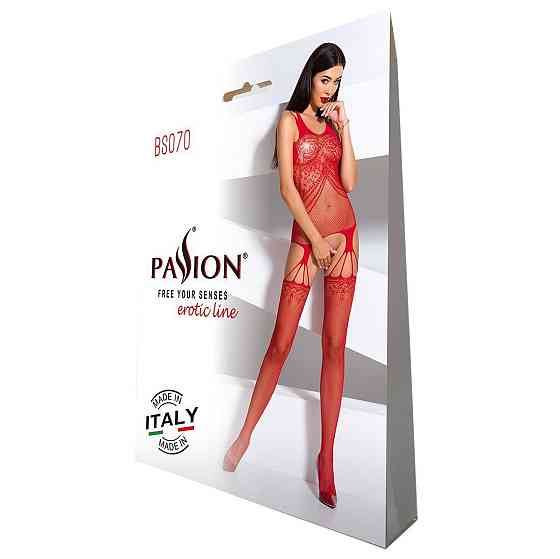 Бодістокінг Passion BS070 red, комбінезон, імітація панчох і ажурного топа Sex Aura Київ