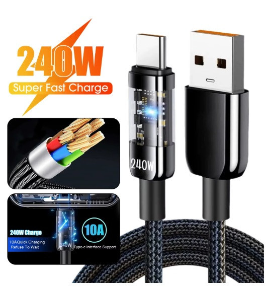 Плетений кабель для швидкого заряджання 10 А USB Type C.  Чорний 1 метр Запоріжжя - фото 1