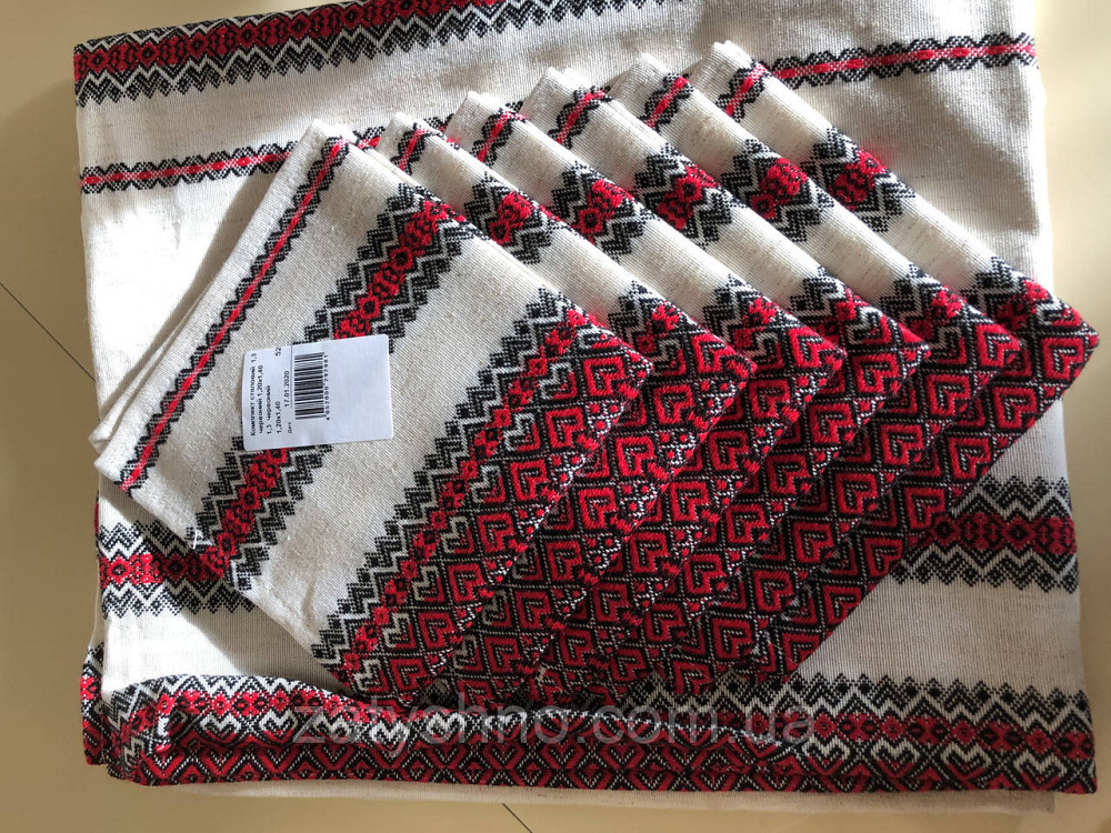 Червона вишита скатертина на льону з серветками. Київ - фото 9