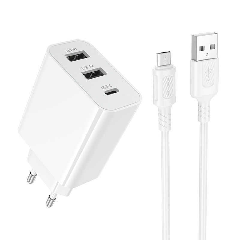 Мережевий зарядний пристрій з кабелем BOROFONE BA105A Stellar three-port charger set (Micro) (EU) White Одеса - фото 1