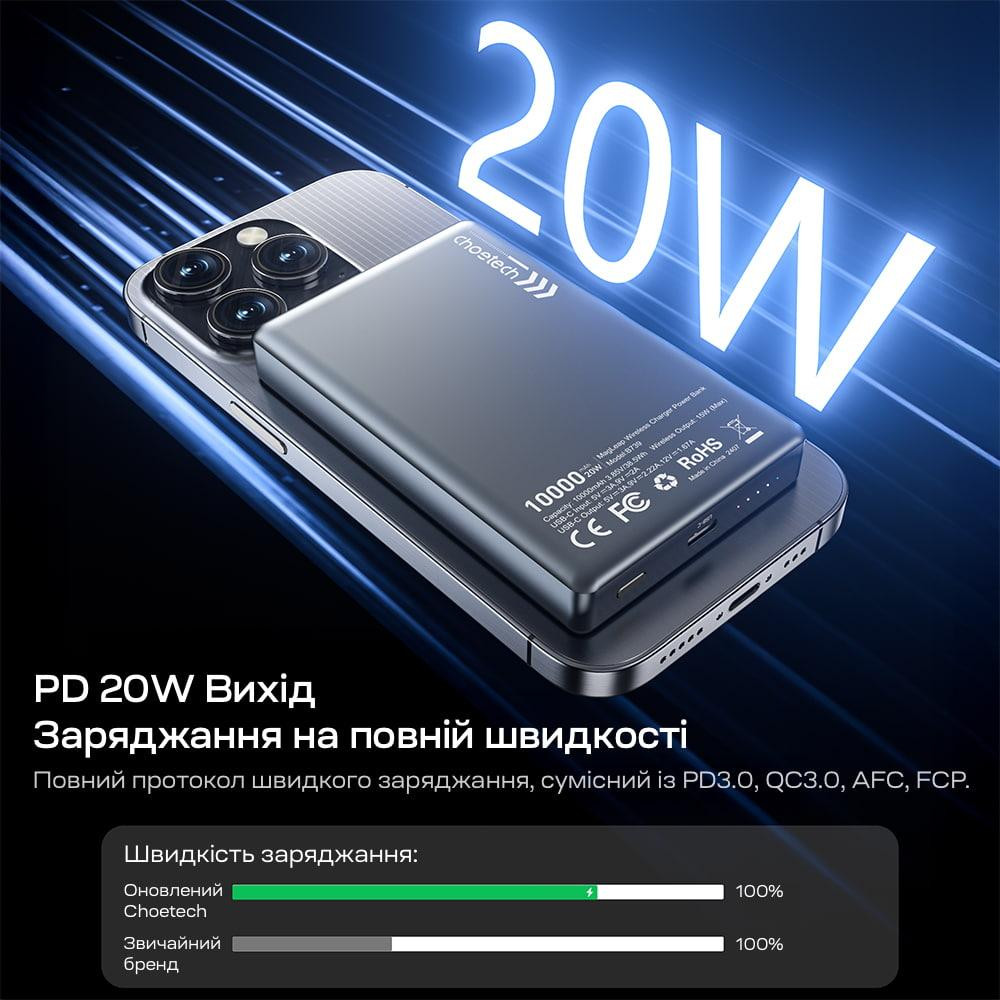 Повербанк 10000mAh Choetech B739 Black QC3.0 PD3.0 бездротова магнітна зарядка (43-00151) Київ - фото 7