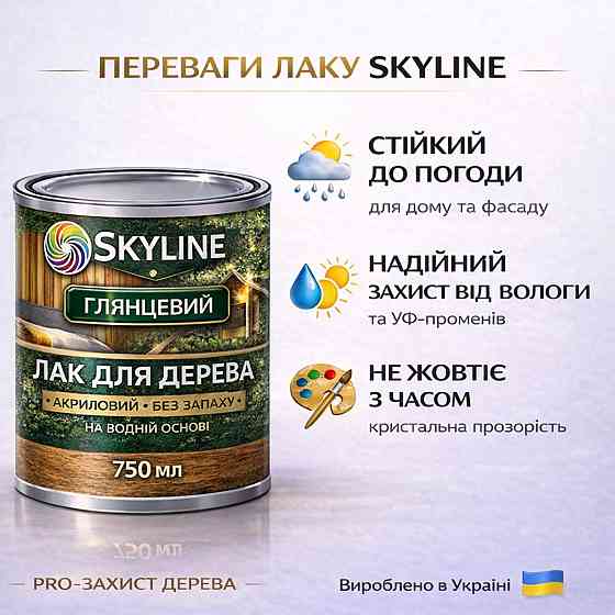 Лак для дерева Skyline глянцевий акриловий прозорий без запаху для внутрішніх та зовнішніх робіт 750 мл Харків