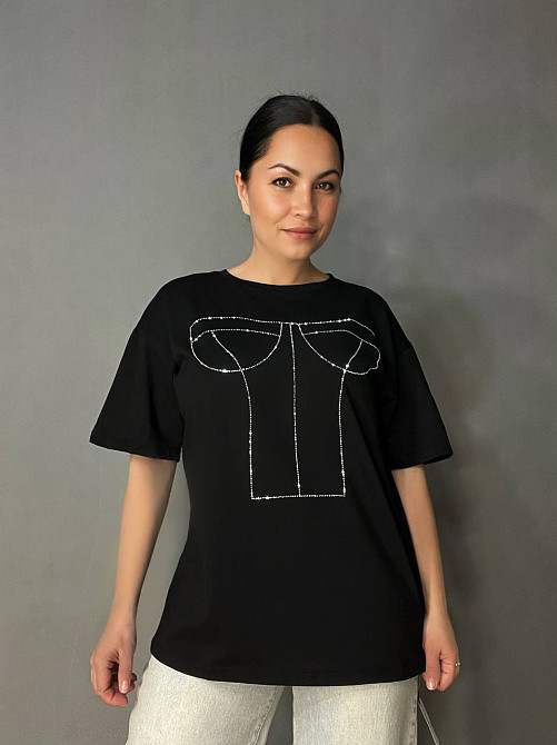 Футболка жіноча A-N 0098 з камінням імітація корсету оверсайз, чорний, one size Київ - фото 14