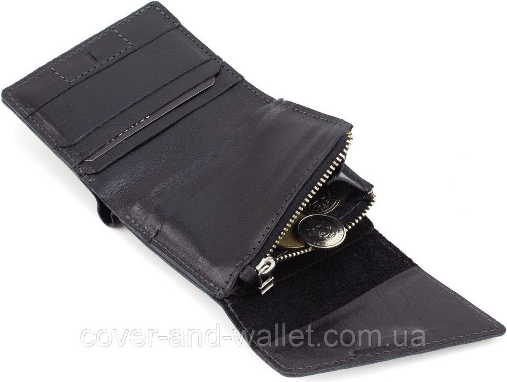 Маленький чоловічий гаманець із італійської шкіри чорного кольору на магніті Grande Pelle 910410 Київ - фото 6