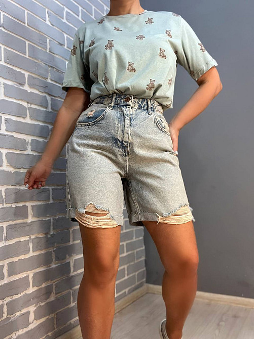 Шорти джинсові жіночі Women Denim 355-973 середня довжина рвані знизу світло блакитні, світло- блакитний, 36 Київ - фото 5