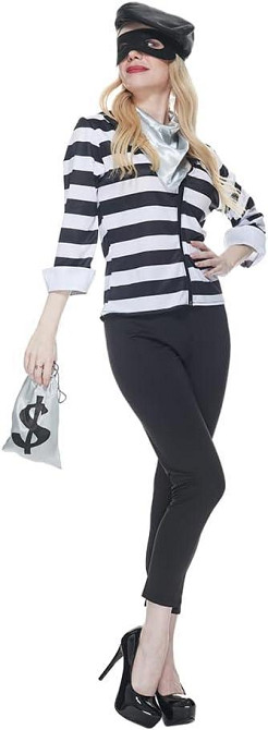 Жіночий костюм грабіжниці  46-48 L розмір комплект бандитки топ у смужку, штани маска, шапка, сумка, образ для Хелловіну карнавалу Київ - фото 2