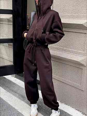 Жіночий теплий базовий костюм-двійка: соп худі+джогера тринитка на флісі Шоколад Одеса