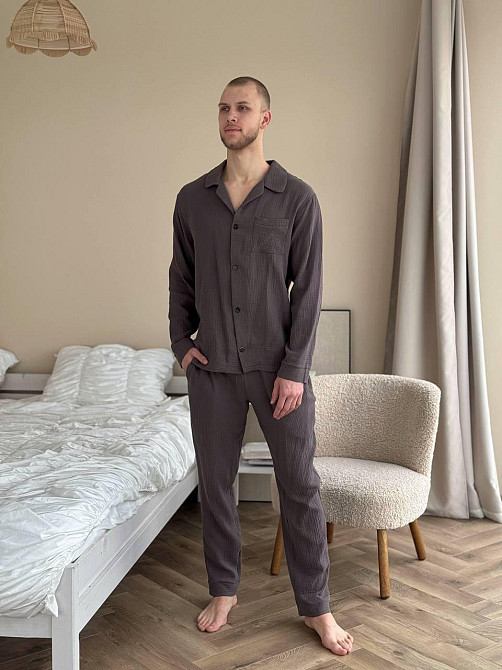 Мужской домашний костюм из муслиновой ткани на пуговицах Коричневый XS/S Харьков - изображение 3
