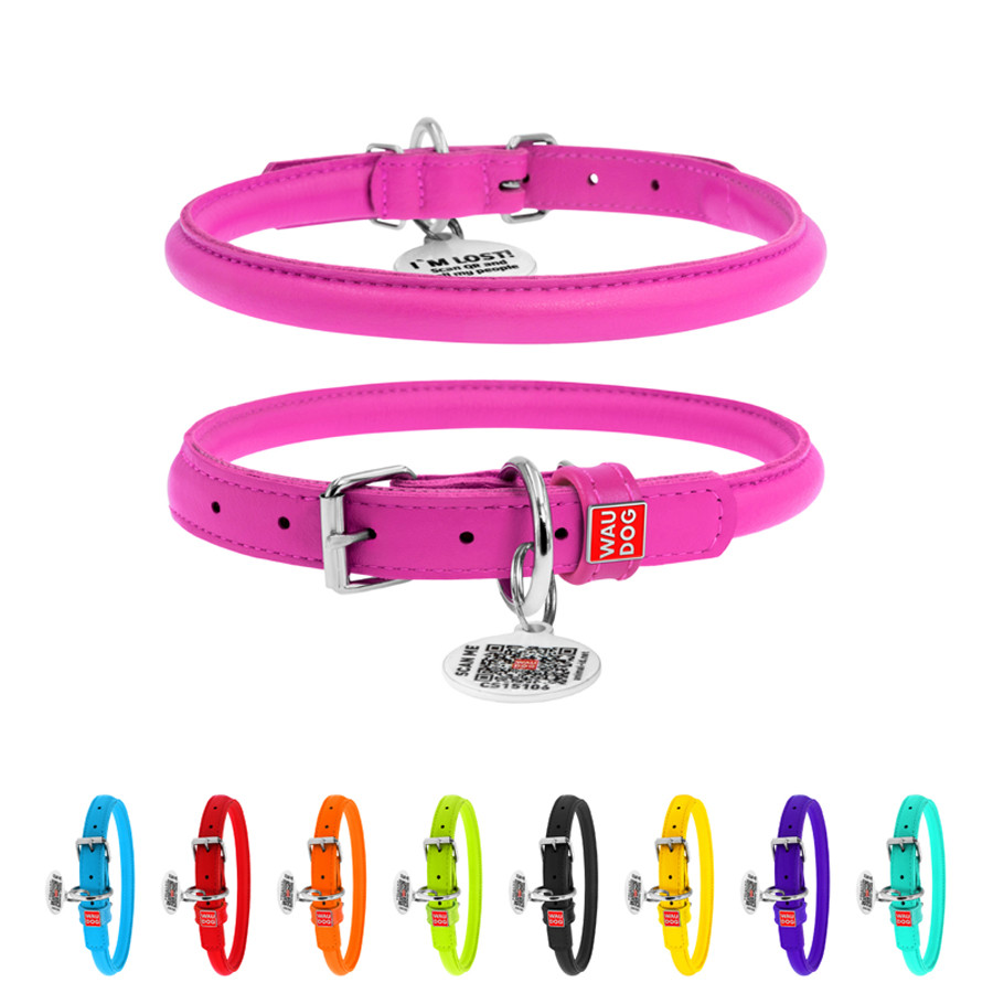 Нашийник для собак шкіряний WAUDOG Glamour з QR паспортом, круглий, Д 13 мм, Дов 53-63 см рожев Коломыя - изображение 1