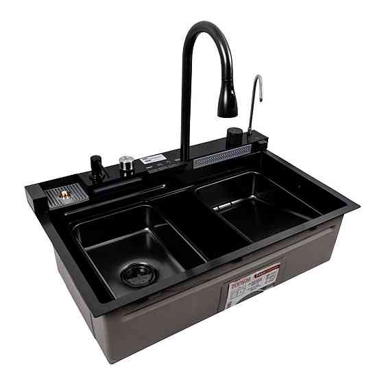 PLATINUM Кухонна мийка CM 75*46C PVD чорна Platinum Handmade "ВОДОСПАД" (Декор) Киев