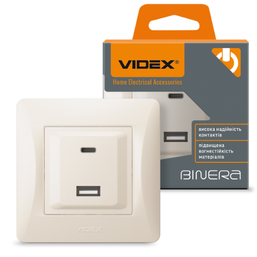BINERA кремовий Розетка внутрішня USB+Type-C зарядний пристрій Videx Житомир