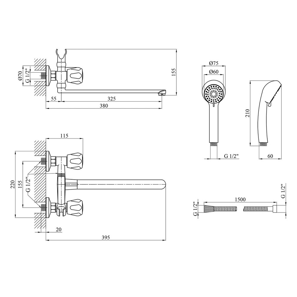 Смеситель для ванны Kroner KRP Hamburg - C070 с душевым гарнитуром, хром Киев - изображение 2