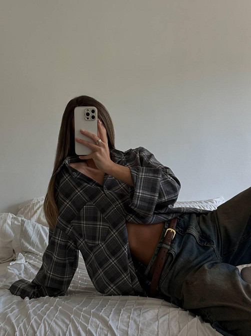 Жіноча трендова сорочка оверсайз у клітинку фланель Сірий Одеса - фото 7