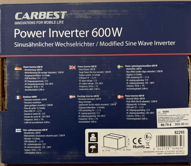 Перетворювач напруги інвертор (инвертер) Carbest Power Inverter 600 Вт. Харків - фото 3