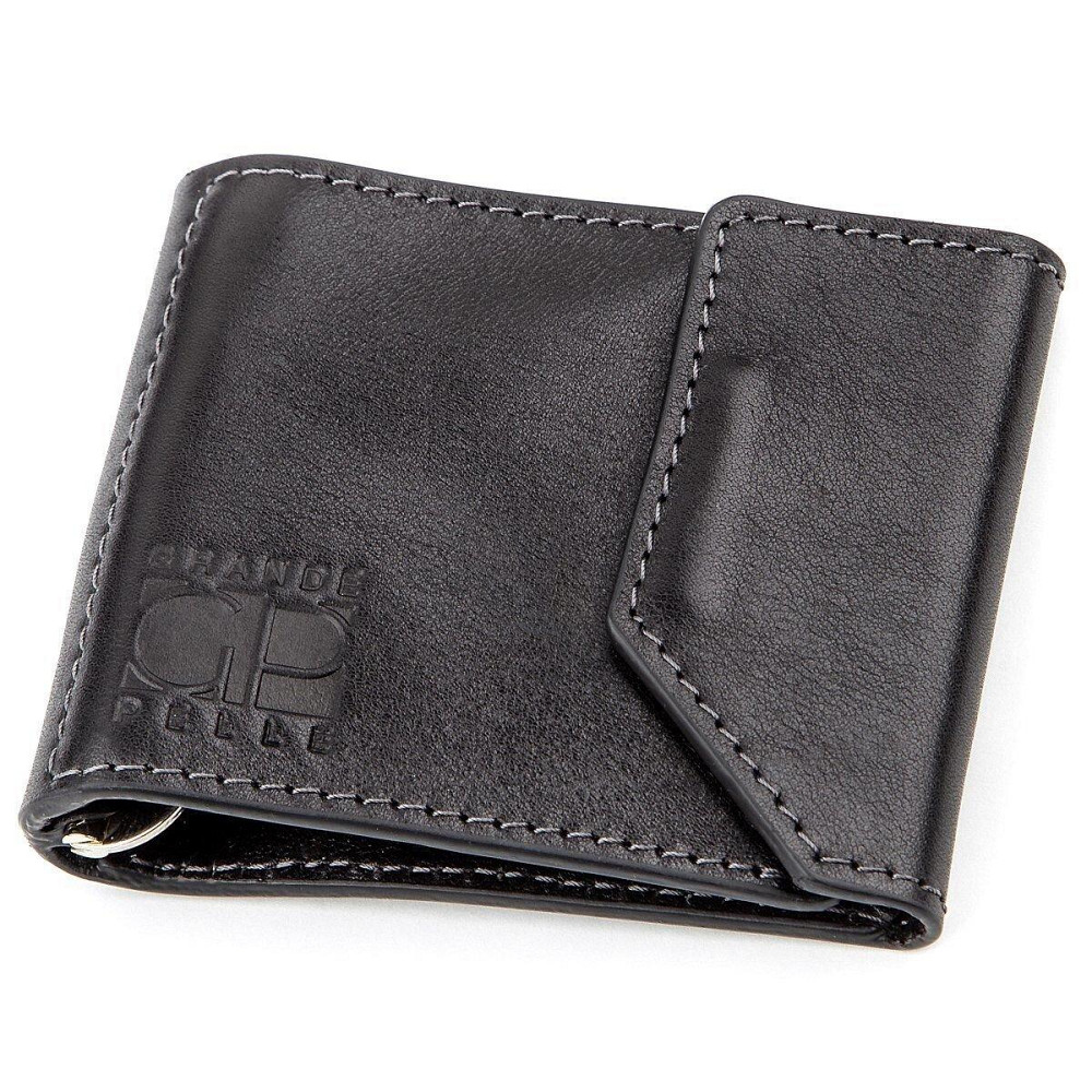 Затискач для грошей з італійської шкіри GRANDE PELLE 11149 Чорний Київ - фото 1