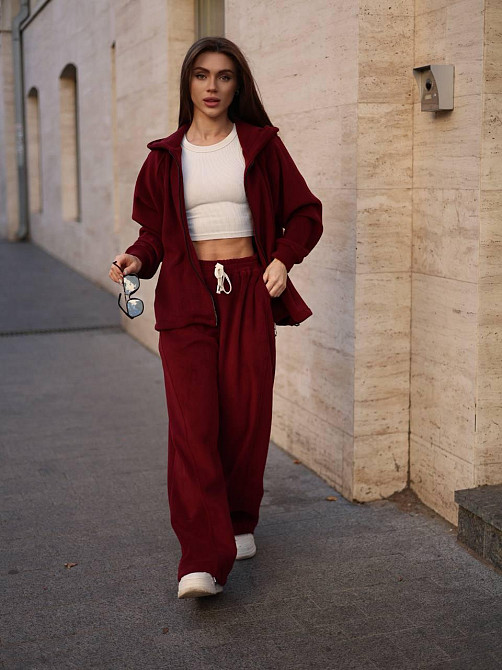 Женский теплый повседневный костюм двойка из турецкого двустороннего флиса Бордо Одесса - изображение 8