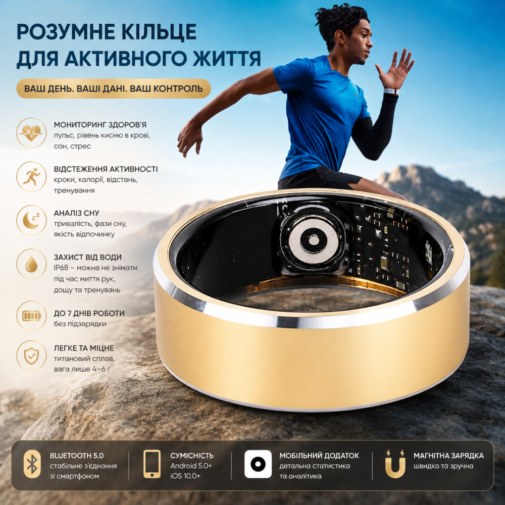 Умное кольцо Smart Ring IP68 для мониторинга здоровья и активности, фитнес-трекер Bluetooth для Android и iOS, золотое, размер 10 Киев - изображение 2