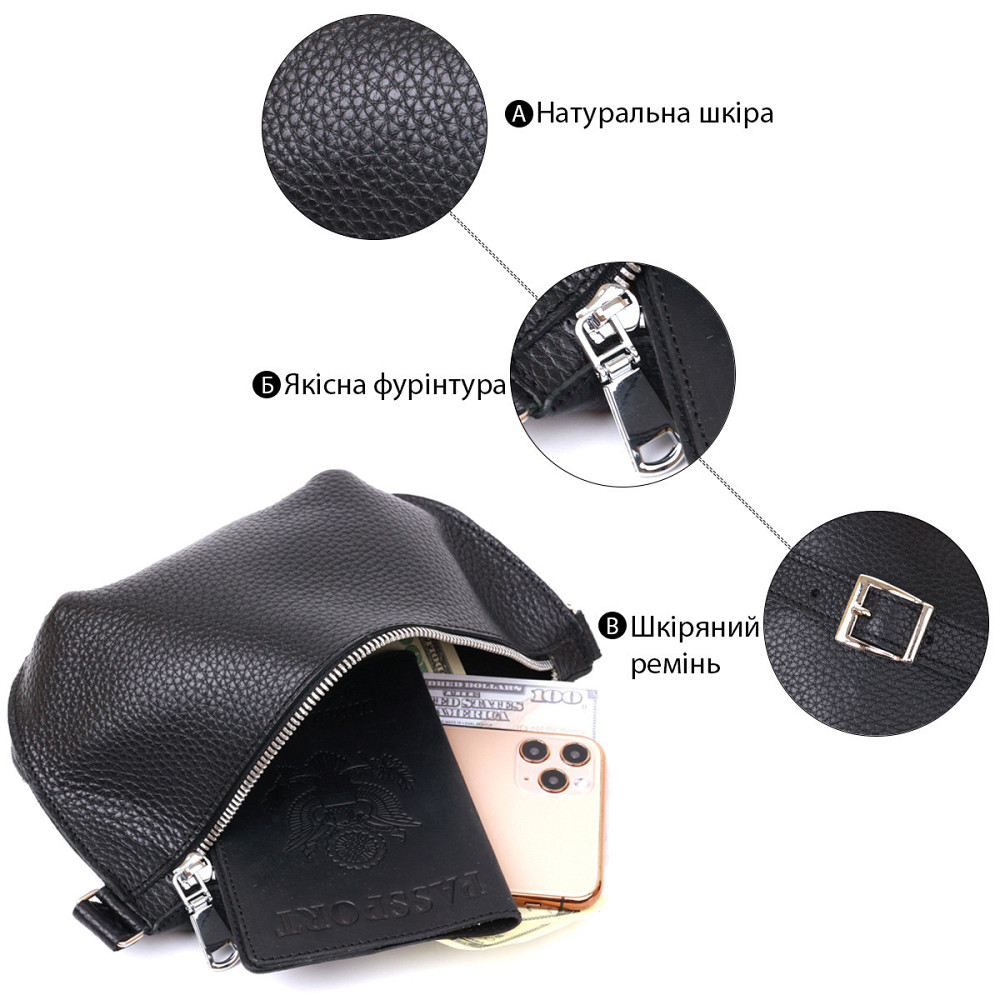 Шкіряна жіноча бананка Shvigel 16373 Чорний Київ - фото 8