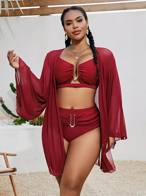 Купальник с парео с высокой талией женский бордовый 2XL Киев - изображение 8